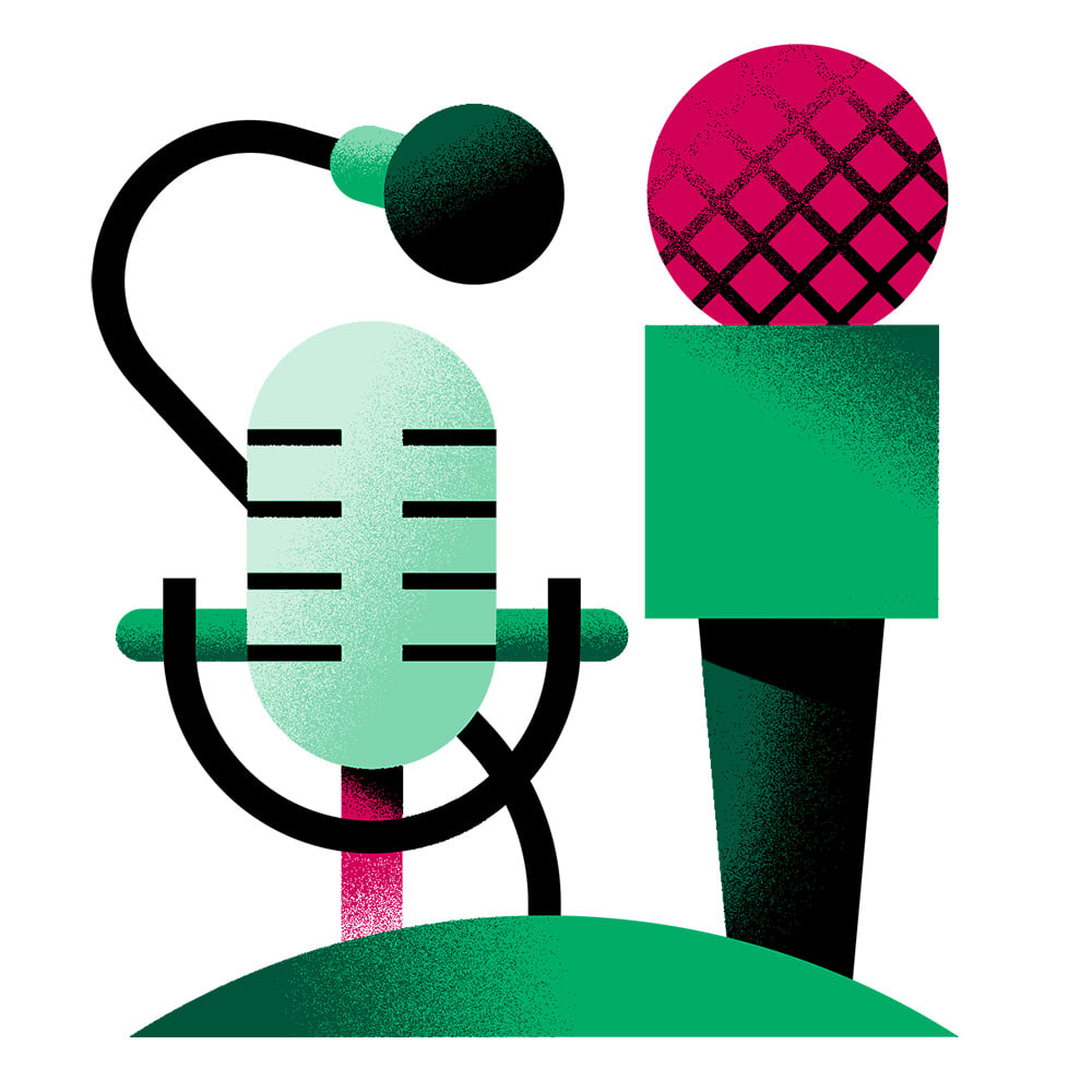 illustration of green and pink microphones
