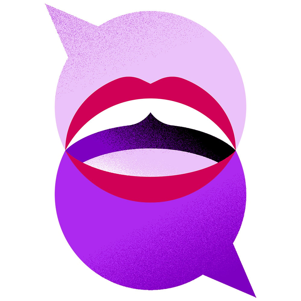 illustration of red mouth in purple speech bubbles