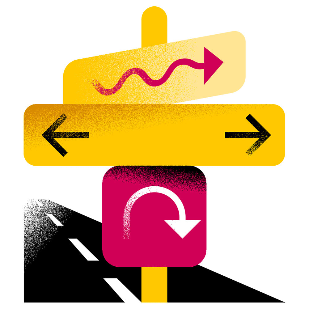 illustration of yellow street sign pointing in different directions