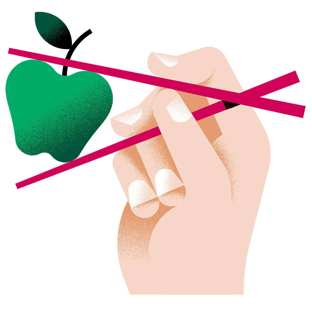 illustration of red chopsticks holding green apple