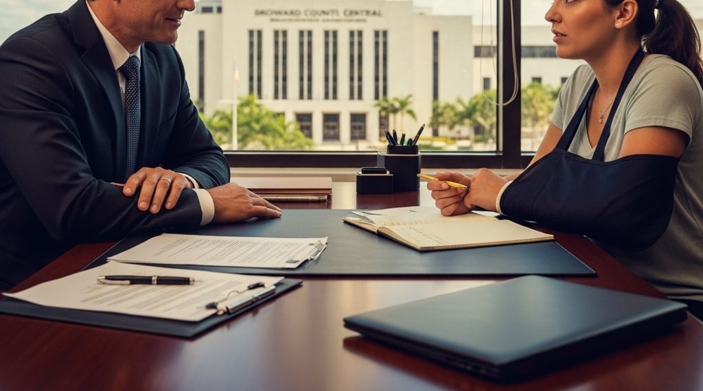 A professional personal injury lawyer consulting with an injured client in Croissant Park, Fort Lauderdale, with legal documents on the table, symbolizing justice, care, and strong legal representation after accidents.